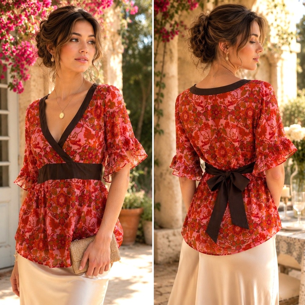 Anthropologie Odille Surplice V-Neck Blouse Sz 10 Pink Orange Brown Silk Cotton